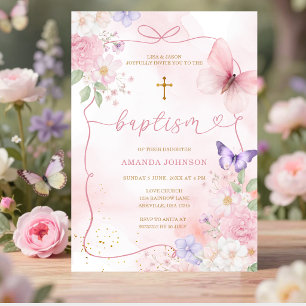 Pink Purple Watercolor Bow Watercolor Girl Baptism Invitation