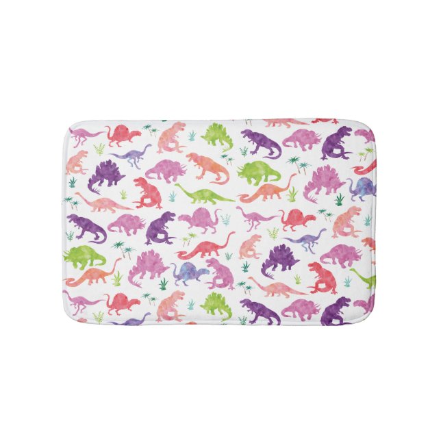 Pink Purple Watercolor Dinosaur Silhouette Kids Bath Mat (Front)