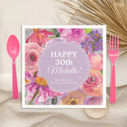 Pink Purple Watercolor Floral 30th Birthday Napkin