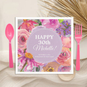 Pink Purple Watercolor Floral 30th Birthday Napkin