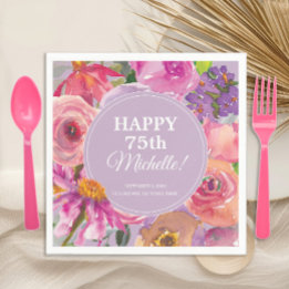 Pink Purple Watercolor Floral 75th Birthday Napkin