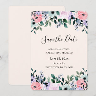 Pink & Purple Watercolor Floral Border Save The Date