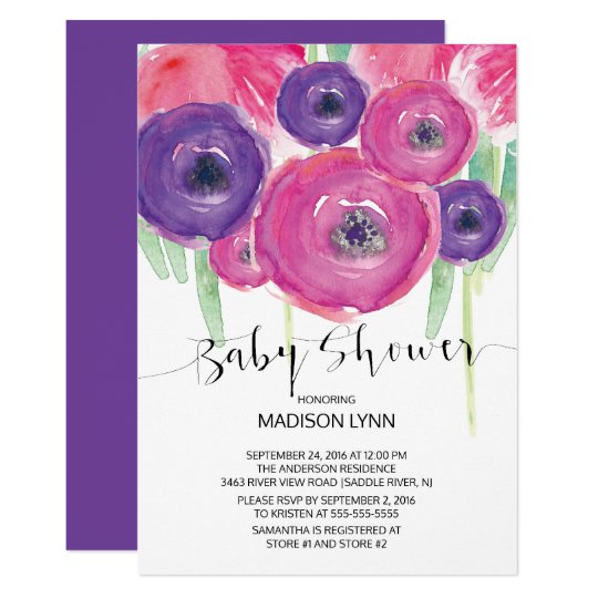 Pink Purple Watercolor Floral Girls Baby Shower Card