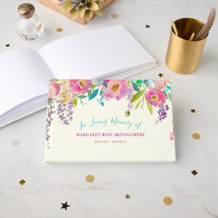 Pink Purple Watercolor Floral In Loving Memory Guest Book