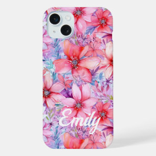Pink Purple Watercolor Floral Personalized Name iPhone 15 Plus Case