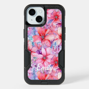 Pink Purple Watercolor Floral Personalized Name iPhone 15 Case