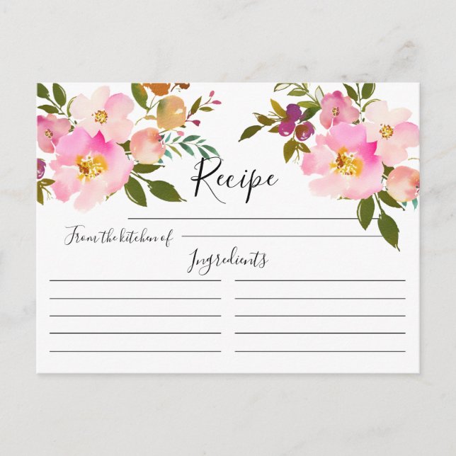 Pink & Purple Watercolor Floral Recipe Card (Front)