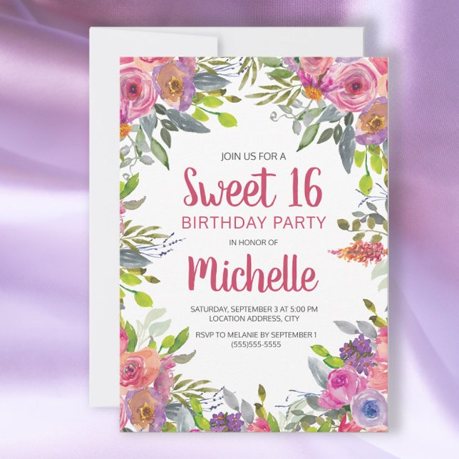 Pink Purple Watercolor Floral Sweet 16 Birthday Invitation (Creator Uploaded)