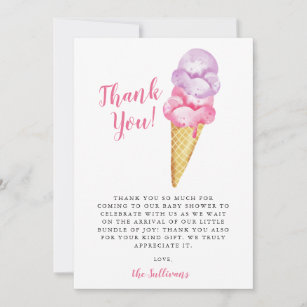 Pink Purple Watercolor Ice Cream Baby Shower Thank You Card