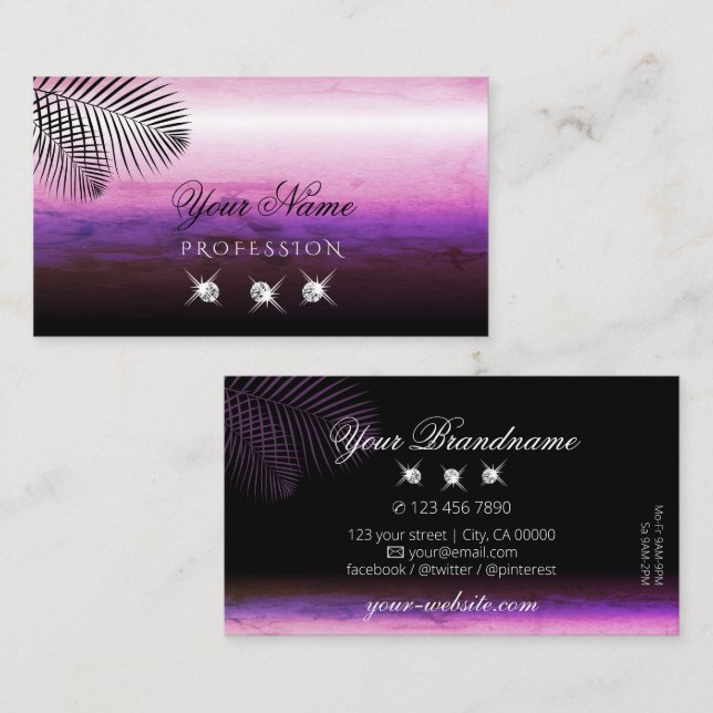 Pink Purple Watercolor Palm Leaves Jewels Striking Business Card (Front/Back)