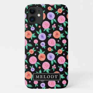 Pink / Purple Watercolor Rose Pattern on Black iPhone 11 Case