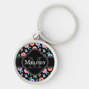 Pink / Purple Watercolor Rose Pattern on Black Keychain