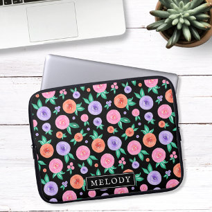 Pink / Purple Watercolor Rose Pattern on Black Laptop Sleeve
