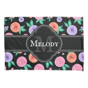 Pink / Purple Watercolor Rose Pattern on Black Pillowcase