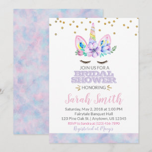 Pink Purple Watercolor Style Unicorn Bridal Shower Invitation