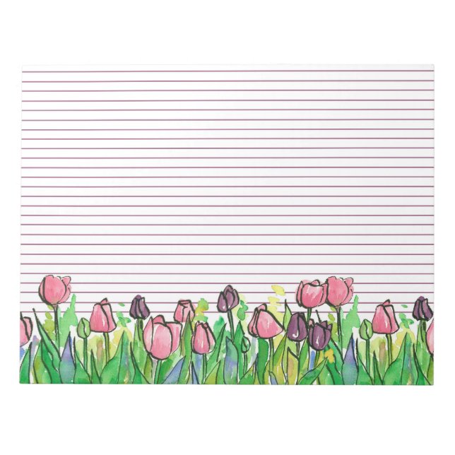 Pink Purple Watercolor Tulips Lined Notepad (Front)