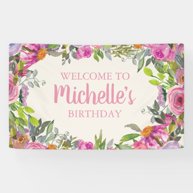 Pink Purple Watercolor Wildflower Birthday Welcome Banner (Horizontal)