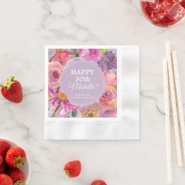 Pink Purple Watercolor Wildflowers 30th Birthday Napkin