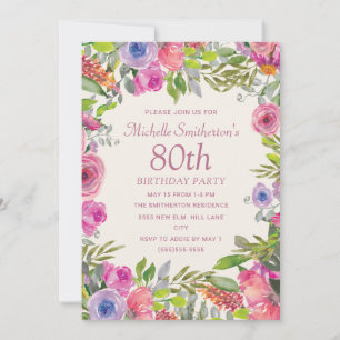 Pink Purple Watercolor Wildflowers 80th Birthday Invitation
