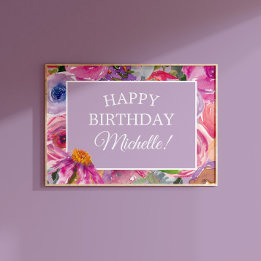 Pink Purple Watercolor Wildflowers Happy Birthday Poster
