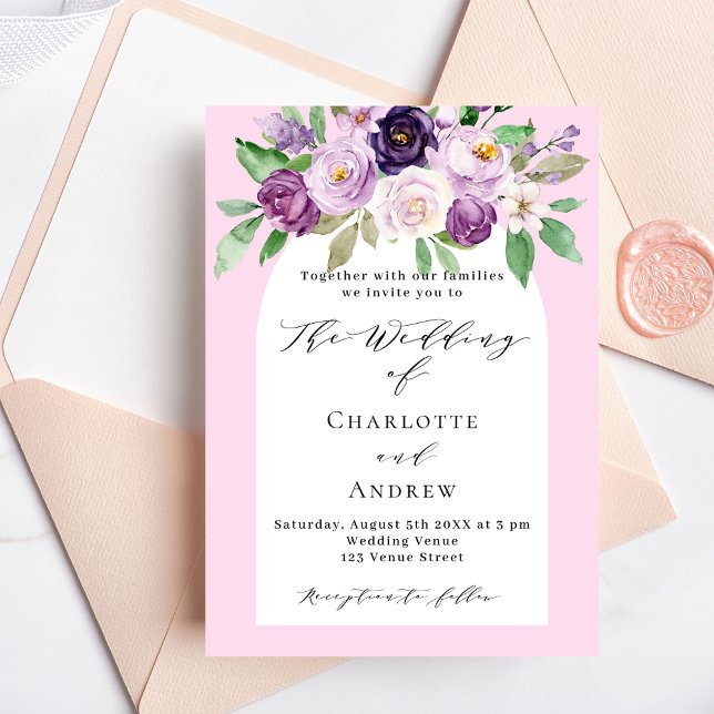 Pink purple watercolored florals arch wedding invitation postcard (Creator Uploaded)