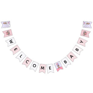 Pink Purple Welcome Baby Girl Bear Baby Shower Bunting Flags