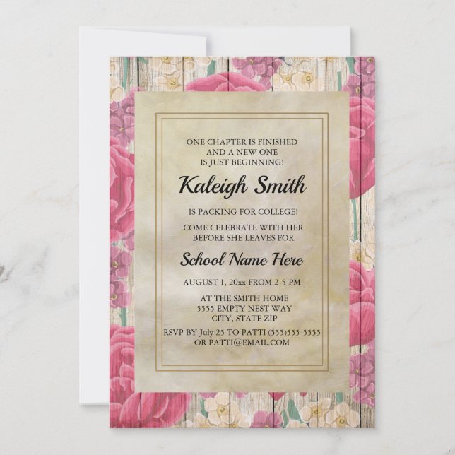 Pink Purple White Flowers Rustic Wood Trunk Party Invitation (Front)