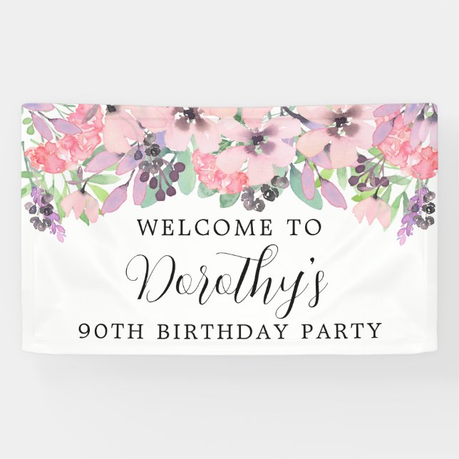 Pink Purple Wildflower 90th Birthday Welcome Banner (Horizontal)