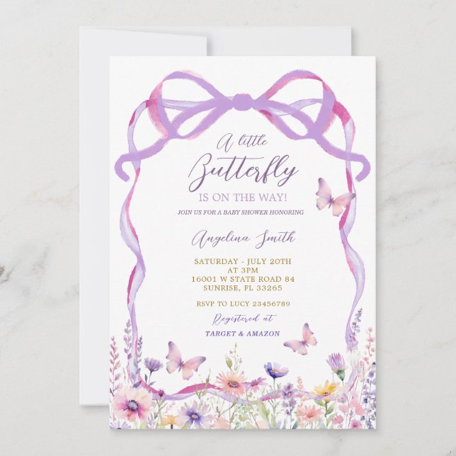 Pink Purple Wildflower Butterflies Baby Shower Invitation (Front)