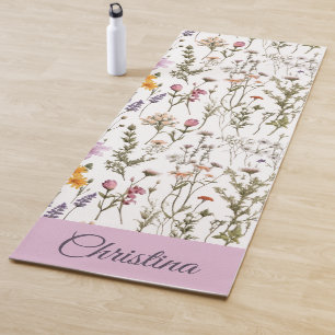 Pink Purple Wildflower Watercolor Custom Name Yoga Mat