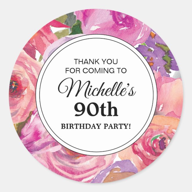 Pink Purple Wildflowers 90th Birthday Party Classic Round Sticker (Front)