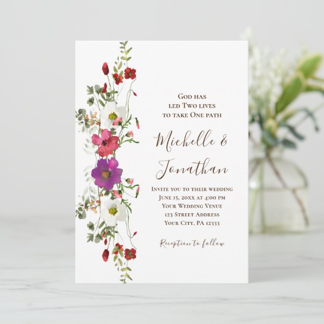 Pink Purple Wildflowers Floral Christian Wedding  Invitation (Standing Front)