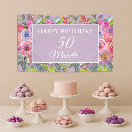 Pink Purple Wildflowers Happy 50th Birthday Banner