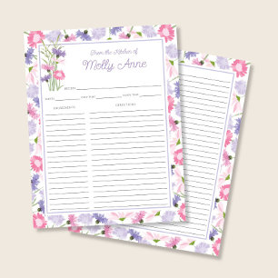 Pink Purple Wildflowers Recipe Card Binder Insert