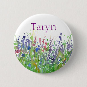 Pink Purple Wildflowers Watercolor Custom Name Tag 2 Inch Round Button