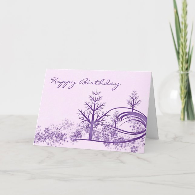 Pink Purple Winter Scene Happy Birthday Card (Front)