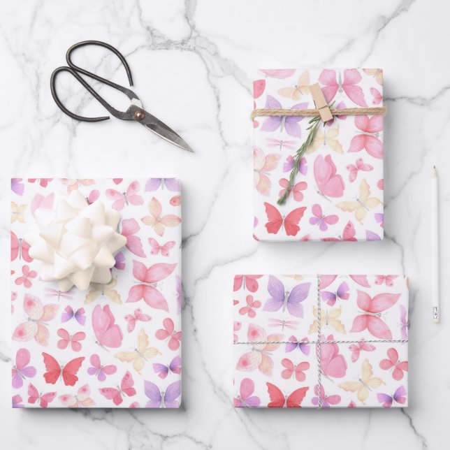 Pink Purple Yellow Butterfly Baby Shower Birthday Wrapping Paper Sheet (Front)