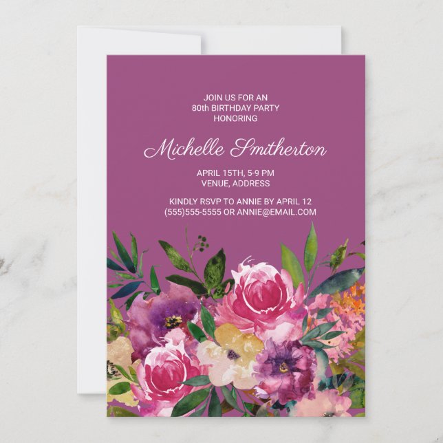 Pink Purple Yellow Floral 80th Birthday Invitation (Front)