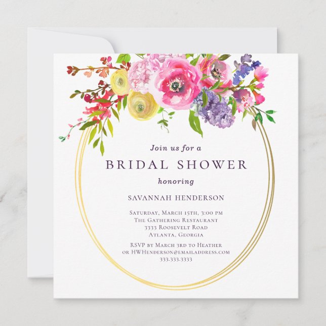 Pink Purple Yellow Floral Bouquet Bridal Shower  Invitation (Front)