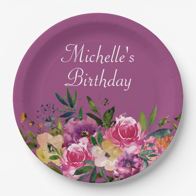 Pink Purple Yellow Floral Custom Birthday Name Paper Plate (Front)