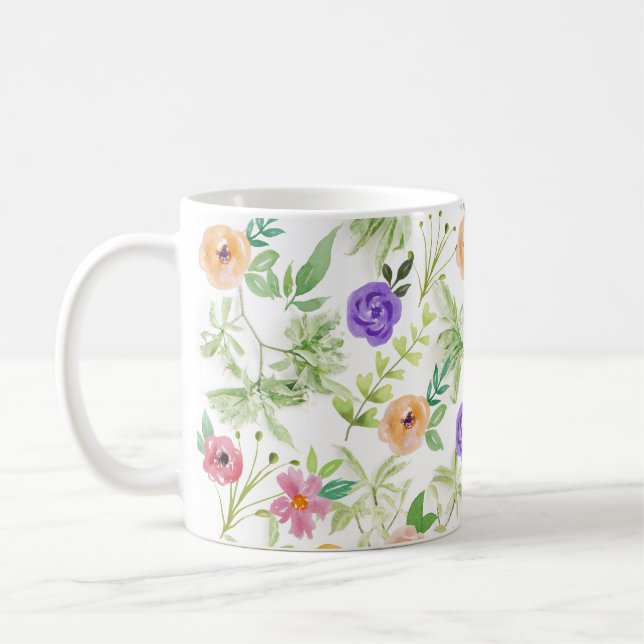 Pink Purple Yellow Floral Flowers Coffee Mug (Left)