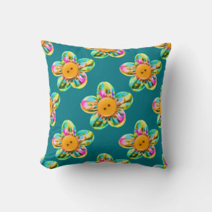 Pink, purple, yellow flowers on turquoise throw pillow