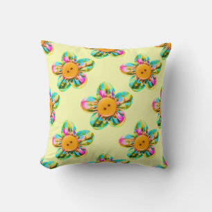 Pink, purple, yellow flowers on yellow throw pillow