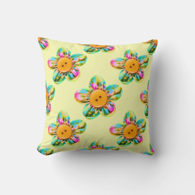 Pink, purple, yellow flowers on yellow throw pillow (Front)
