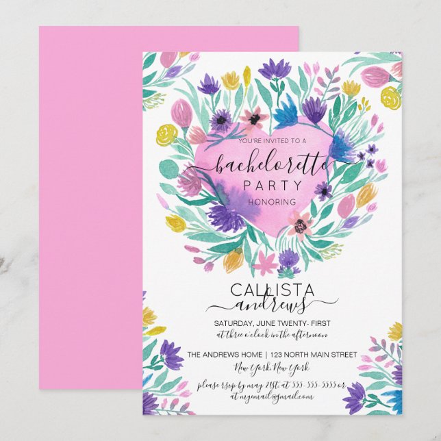 Pink Purple Yellow Heart Flowers Leaf Bachelorette Invitation (Front/Back)