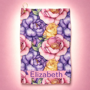 Pink Purple Yellow Peony Floral Personalized Golf Towel