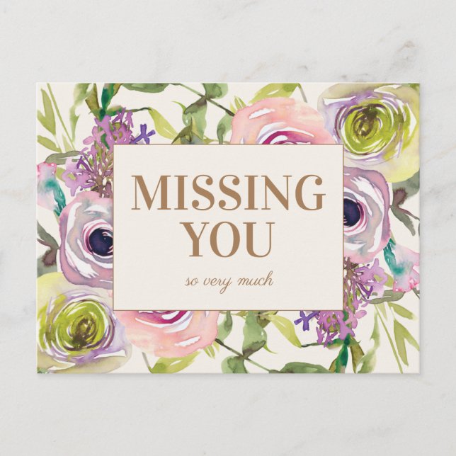 Pink Purple Yellow Watercolor Floral Missing You Postcard (Front)