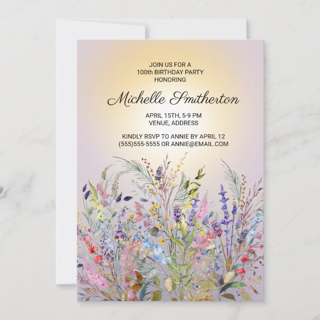 Pink Purple Yellow Wildflowers 100th Birthday Invitation (Front)