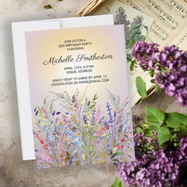 Pink Purple Yellow Wildflowers 50th Birthday Invitation (Creator Uploaded)