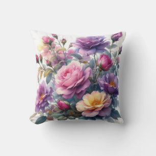 Pink Purple Yellow Wildflowers Roses Floral  Throw Pillow